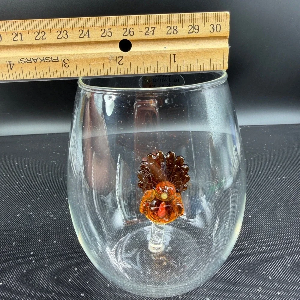 Crate and Barrel Turkey Stemless Wine Glasses Set‎ of 2 Thanksgiving Glassware